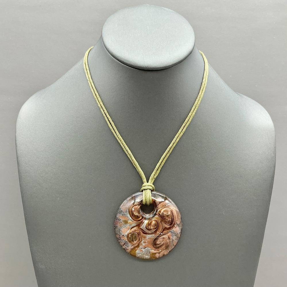 Murano Style Glass Pendant Necklace Women Gold Copper Swirl Green Cord Jewelry